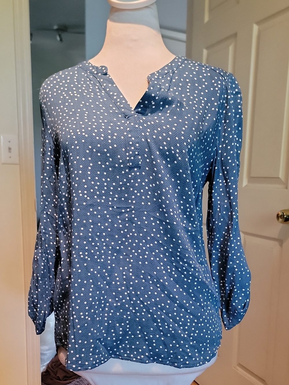 Daniel Rainn Navy Blue Polka Dot Split-Neck Blouse